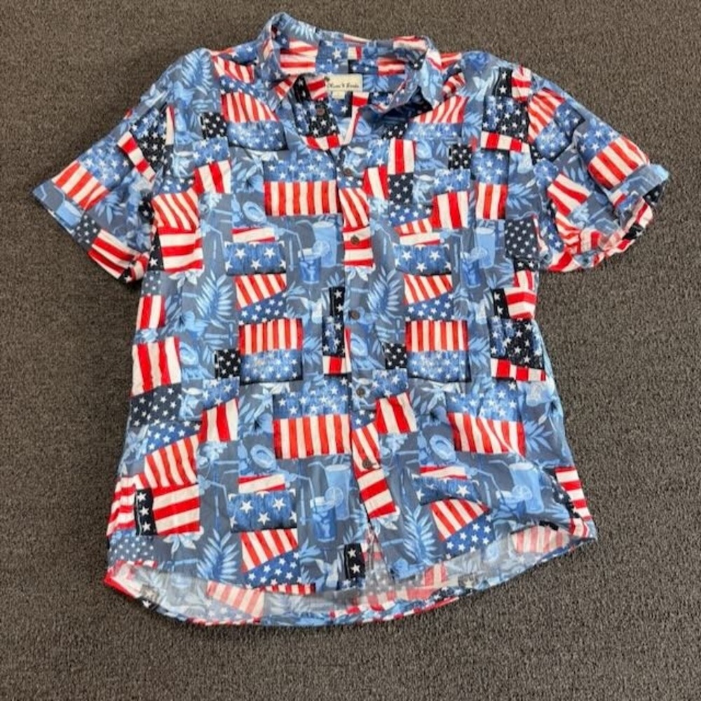 American Flag Tropical Hawaiian Oliver & Burke Mens Button Down Shirt Large L